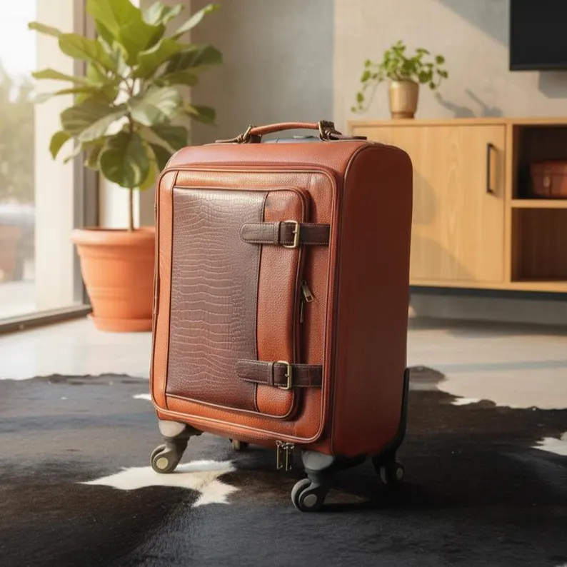 Two-Tone Genuine Leather Cabin Size Rolling Carry On Luggage