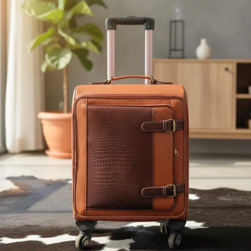 Two-Tone Genuine Leather Cabin Size Rolling Carry On Luggage