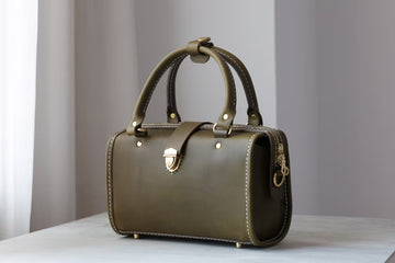 Hand Stitched Olive Green Leather Boston Bag