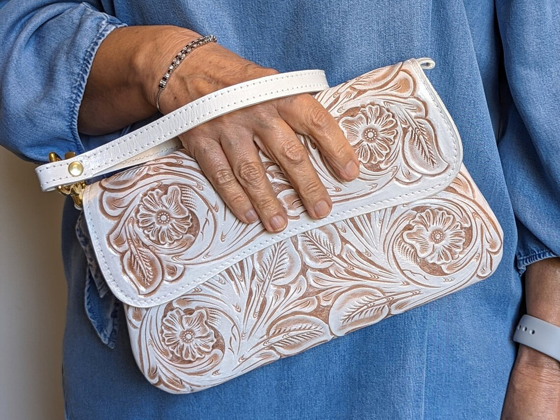 Hand Tooled Floral Vegetable Tanned Leather Wristlet Crossbody Clutch