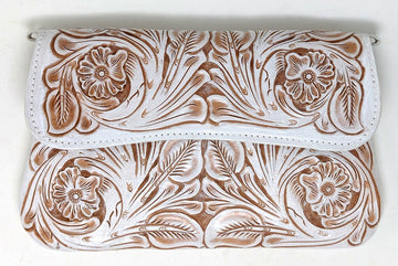 Hand Tooled Floral Vegetable Tanned Leather Wristlet Crossbody Clutch