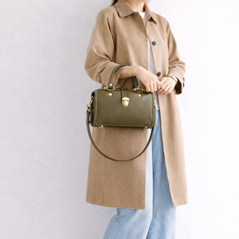 Hand Stitched Olive Green Leather Boston Bag