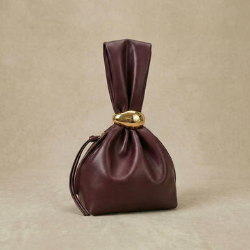 Gold Metal Accent Faux Leather Drawstring Knot Wristlet Pouch