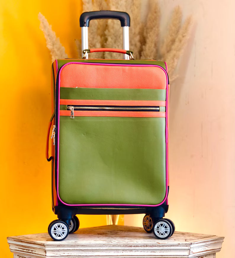 Color Block Leather Cabin Carry On Rolling Suitcase