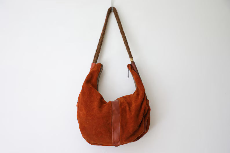 Vintage Orange Suede Leather Hobo Shoulder Bag